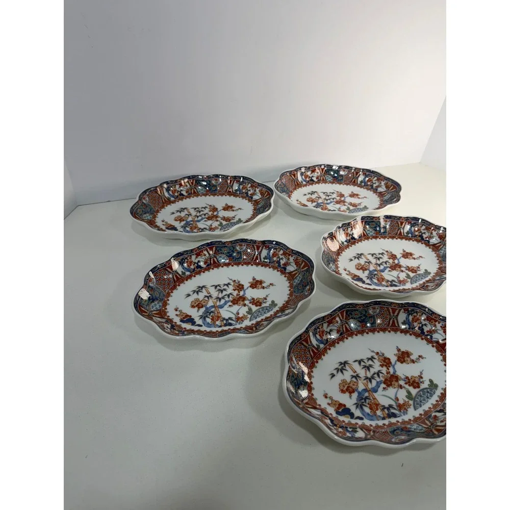 Japanese Arita Imari Porcelain Oval Scalloped Bowls Bamboo Floral Set of 5 Japan